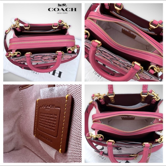 AUTHENTICATED NWT Coach Rogue 25 Colorblock w/ Tea Rose & Coach Tea Rose Studs - Picture 13 of 17